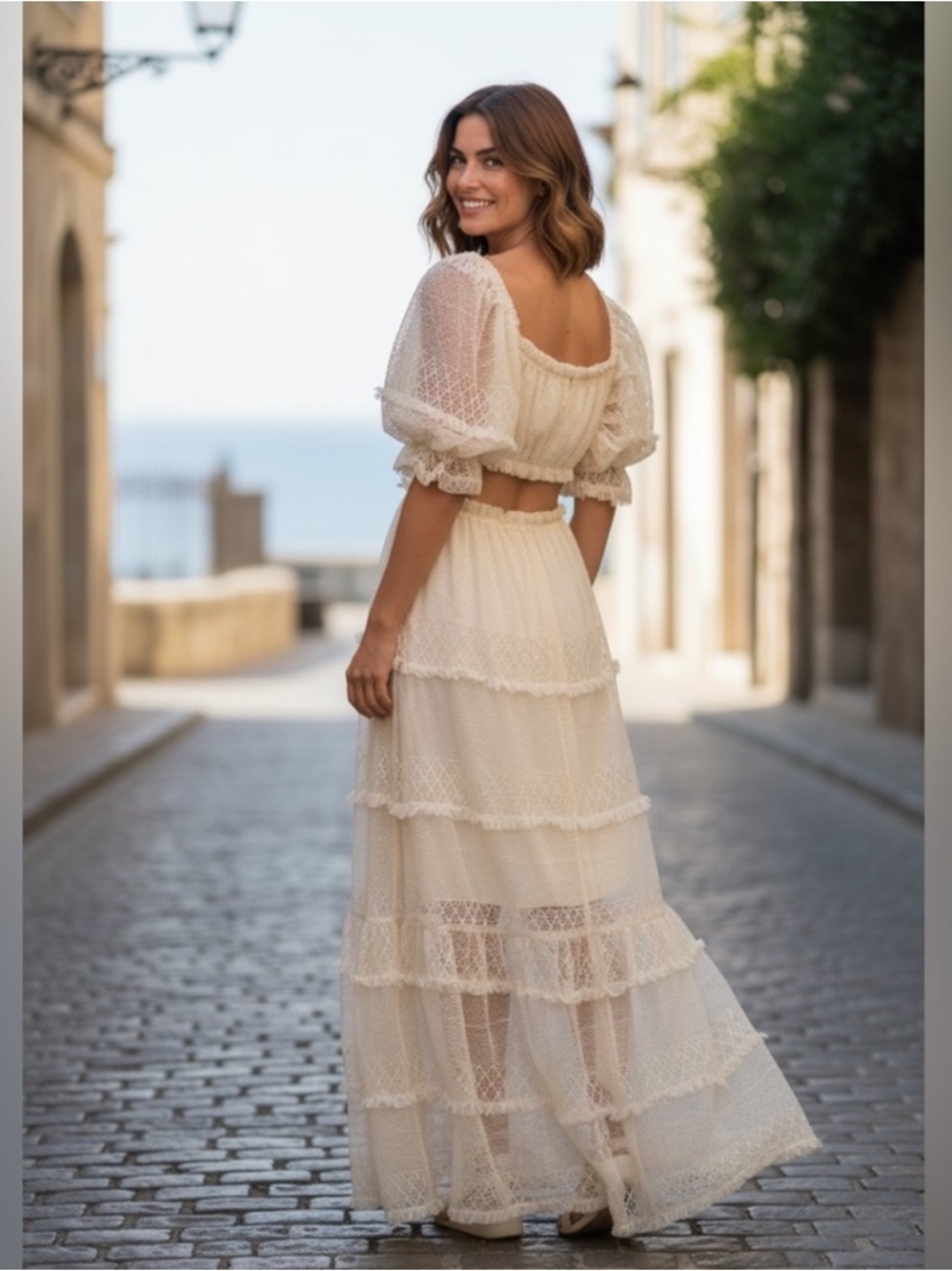 Skylar Rose Size Small Cream Lace off-shoulder Tiered Maxi Dress - Picture 10 of 16